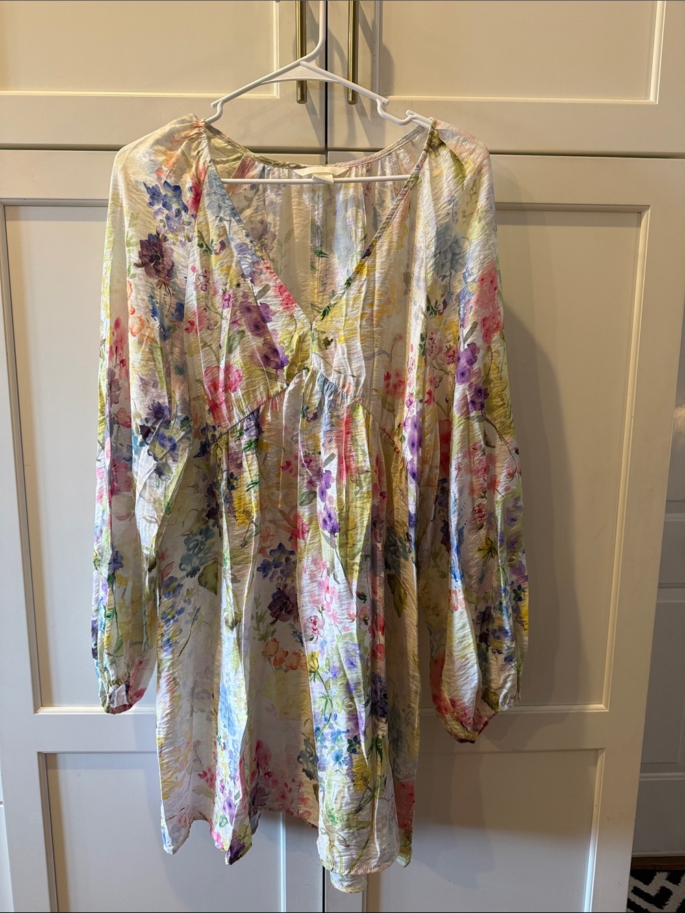 H&M White Floral V-Neck Long Sleeve Tunic Dress floral watercolor small